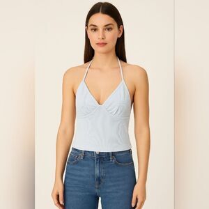Sunday Best Aritzia Ribbed Knit Tank Top SzM Light Blue Halter Camisole Y2K Crop